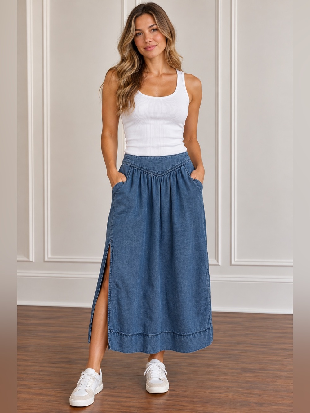 Wilfred Denim-Blue Maxi Skirt with Side Slit